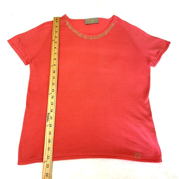 VDP Collection Coral Women's Rhinestone Scoop Neck Short Sleeve Sweater Top Sz M - Picture 9 of 15